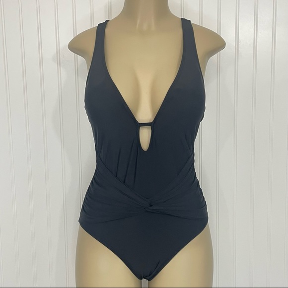 Athena Black Plunge Shirred Low Back Strappy One Piece Swimsuit Size 6 - Picture 1 of 15